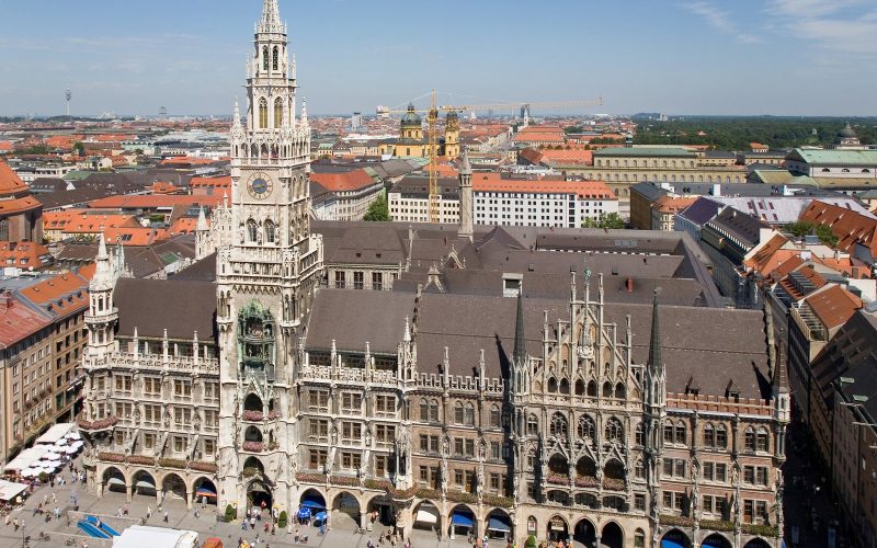 The Neues Rathaus and Marienplatz seen from Peterskirche over the red roofs of Munich