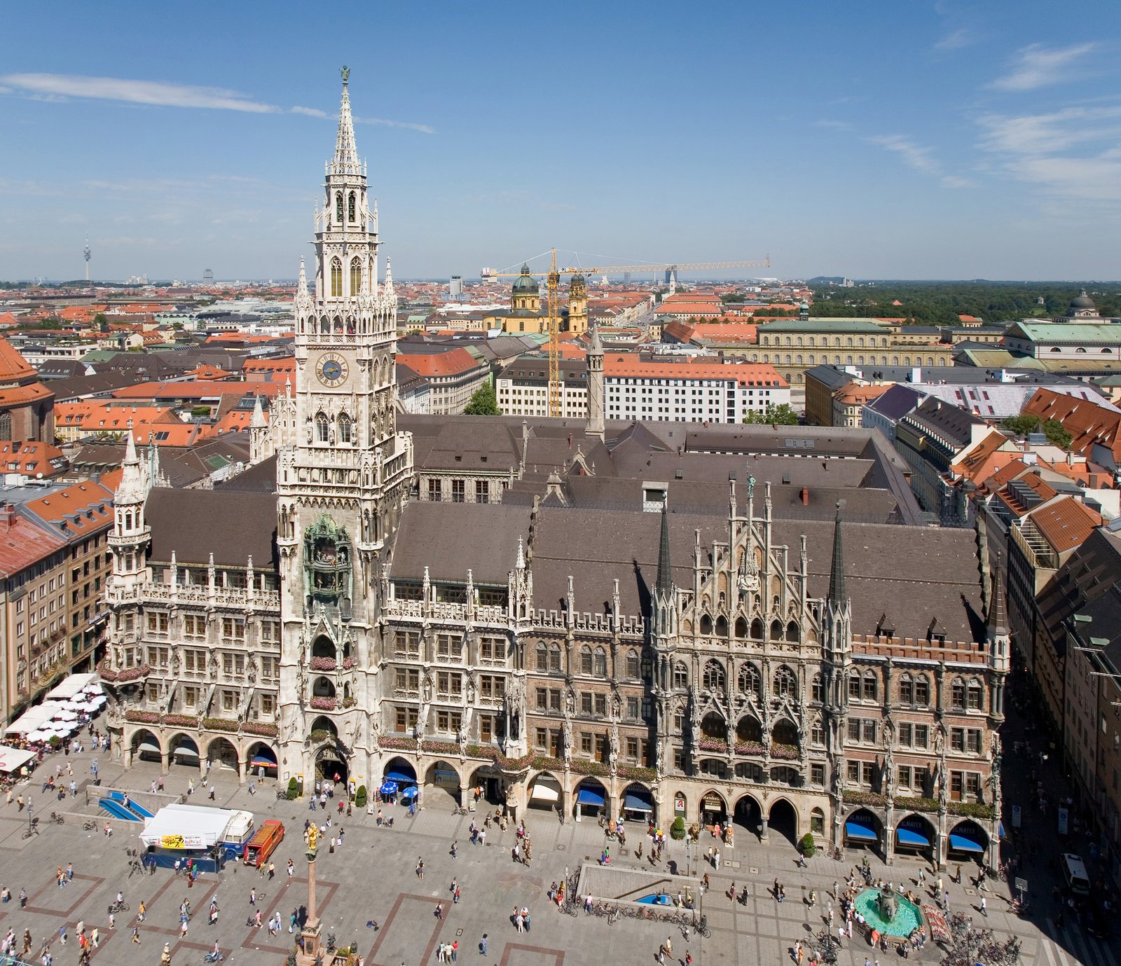 The Neues Rathaus and Marienplatz seen from Peterskirche over the red roofs of Munich