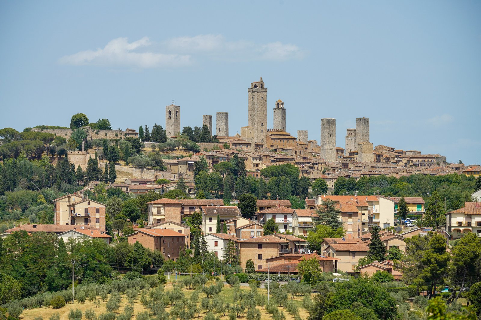 The medieval towers of San Gimignano above olive groves and rooftops in Tuscany