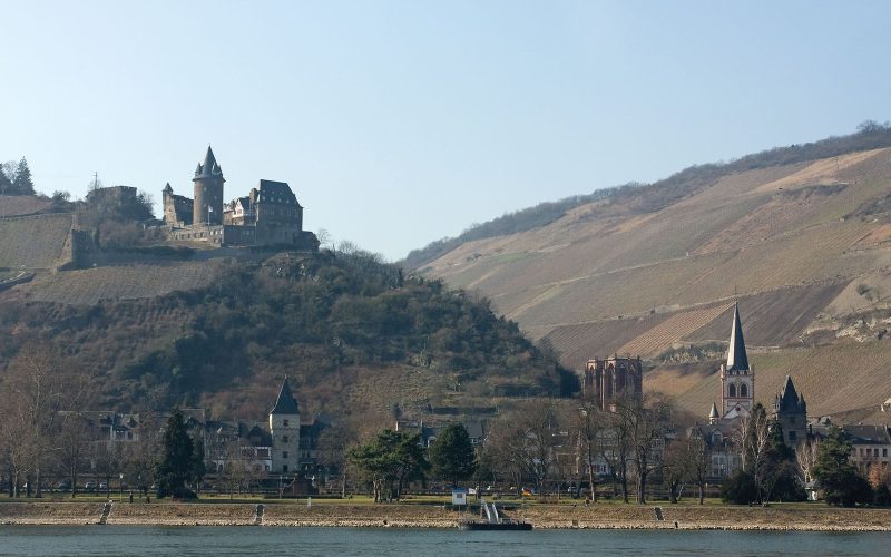 Stahleck Castle above Bacharach and the terraced vineyard slopes of the Rhine Valley