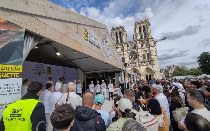 Bakers' tent of the Fête du Pain in front of Notre-Dame cathedral in Paris