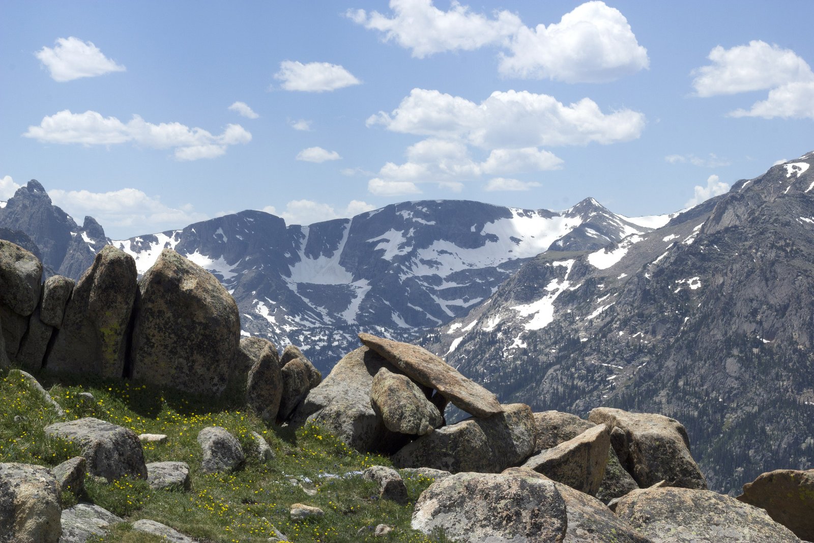 Snow-capped peaks and boulders in the Colorado Rockies