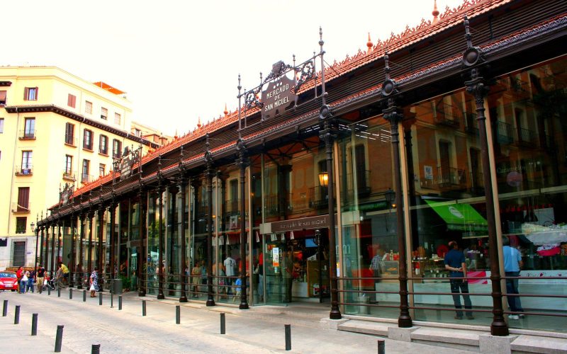Iron and glass facade of the Mercado de San Miguel in Madrid