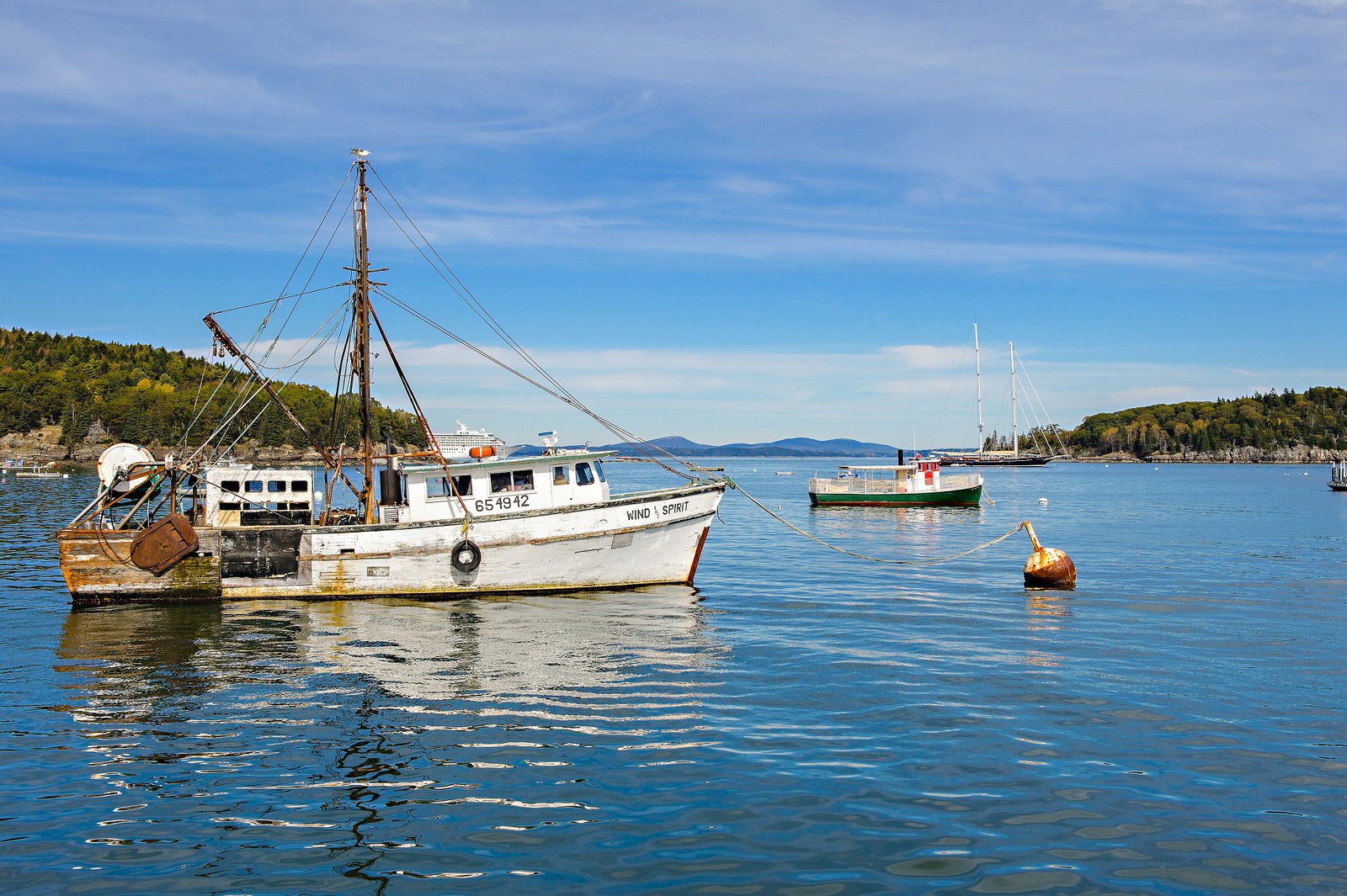 Fishing boat moored in Bar Harbor, Maine, on a clear day