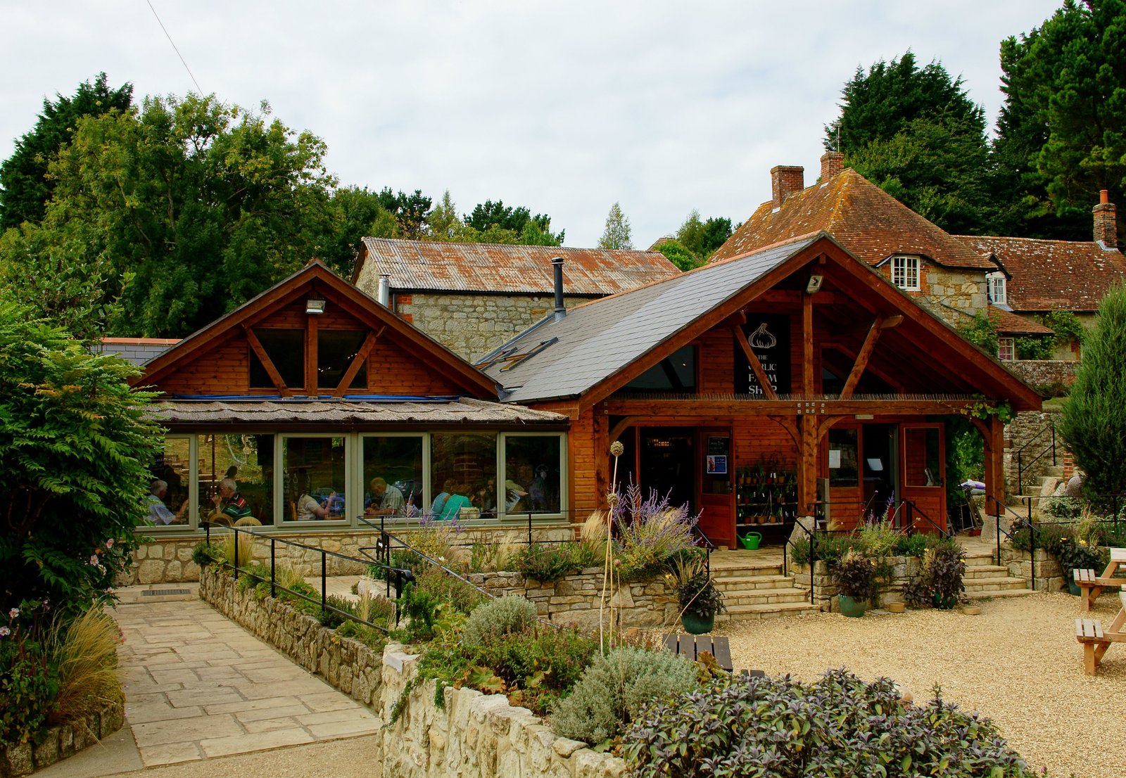 The Garlic Farm shop and restaurant with herb garden, Isle of Wight