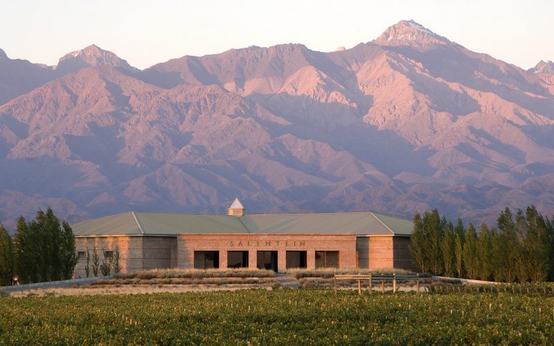 Winery building in a vineyard below the pink-lit Andes in Argentina