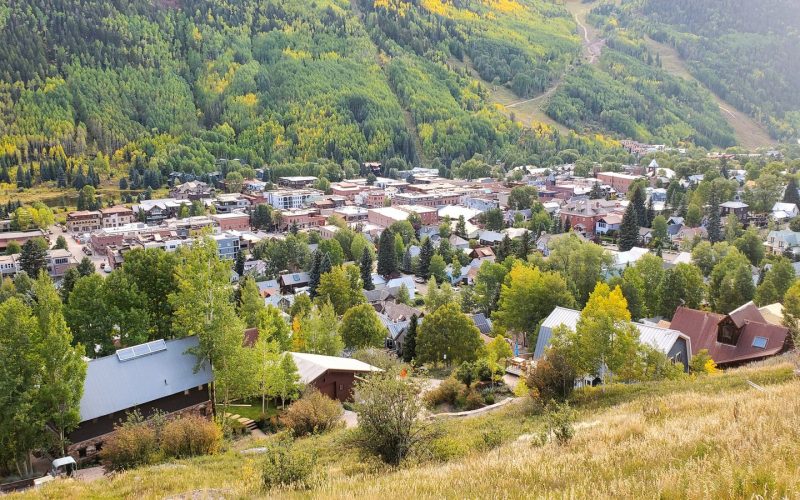 Telluride town in autumn seen from above, Colorado