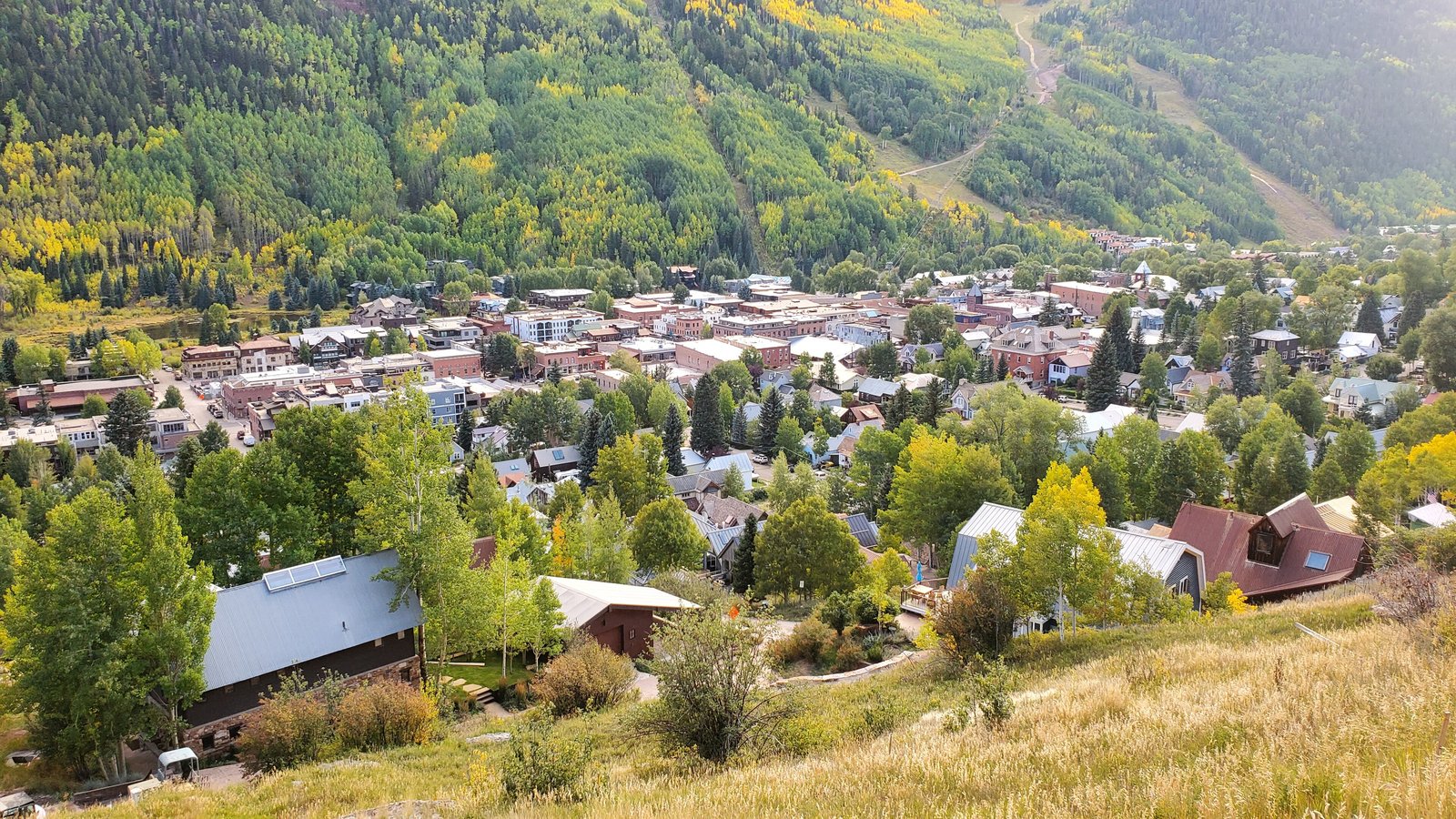 Telluride town in autumn seen from above, Colorado