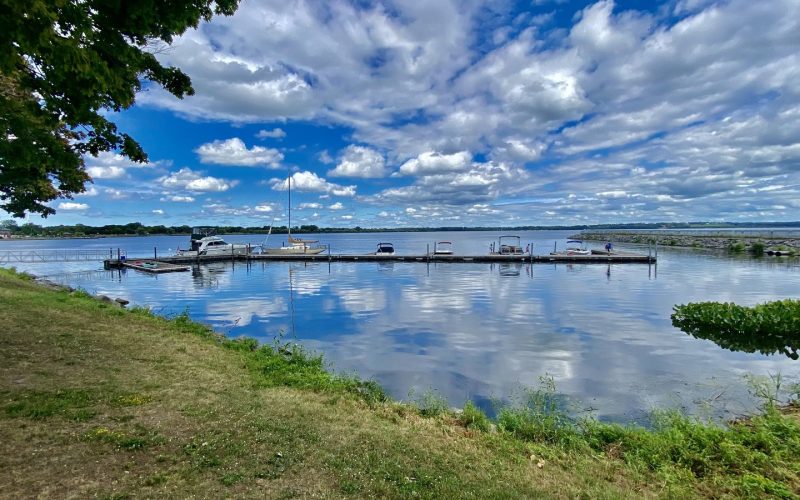 Seneca Lake and the marina at Geneva under a blue sky