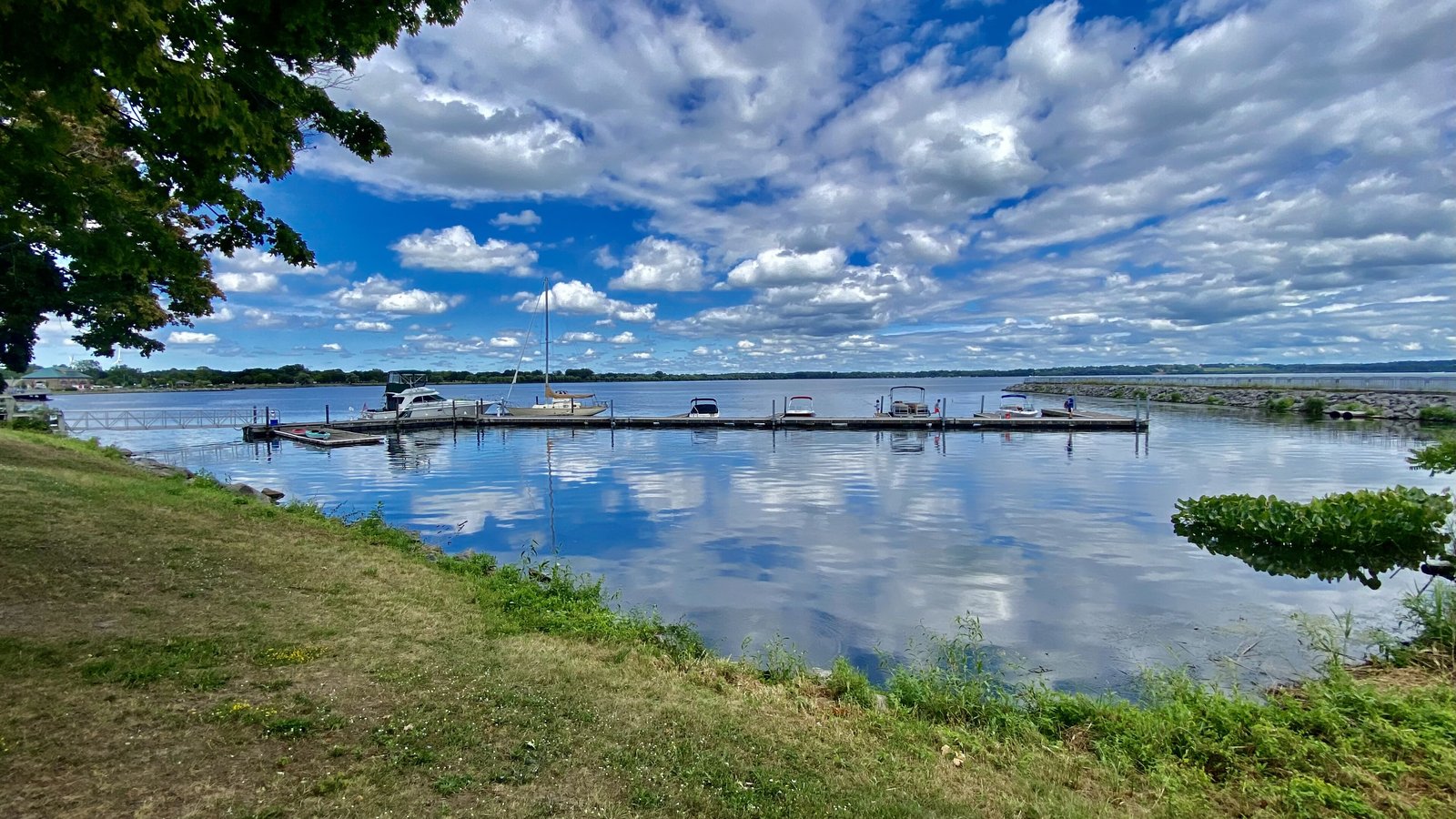 Seneca Lake and the marina at Geneva under a blue sky