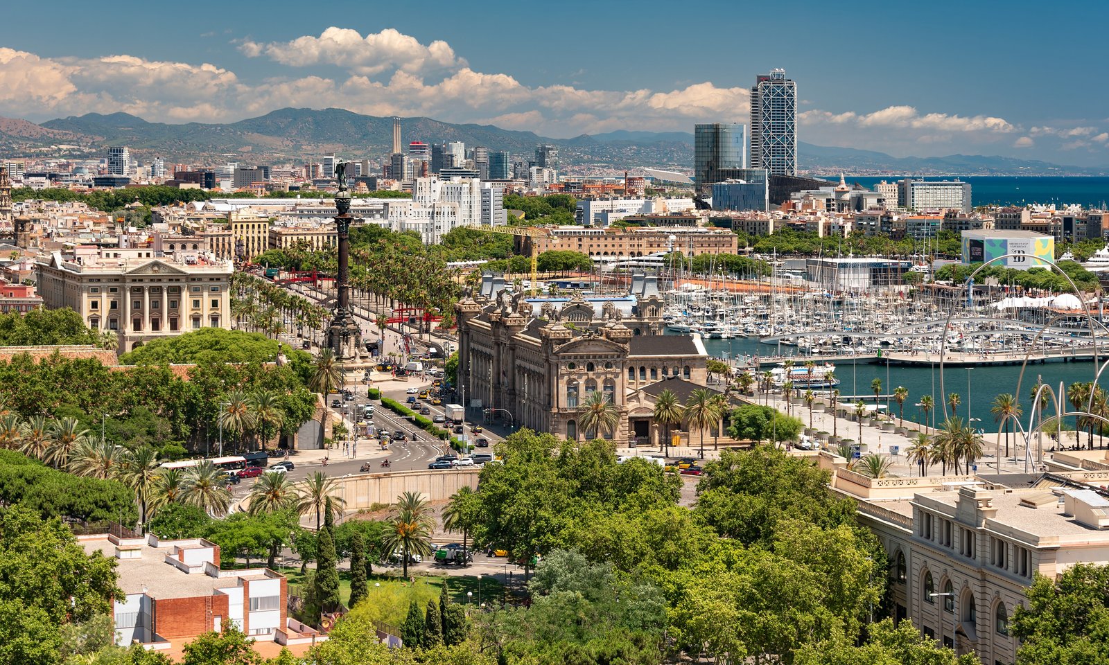 Barcelona harbour, Columbus monument and city rooftops with mountains beyond