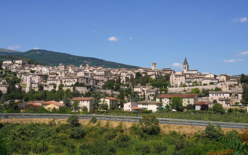 Hill town of Spello in Umbria under a blue sky