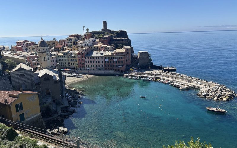 Vernazza village and harbour on a rocky promontory above the sea in Cinque Terre, Liguria