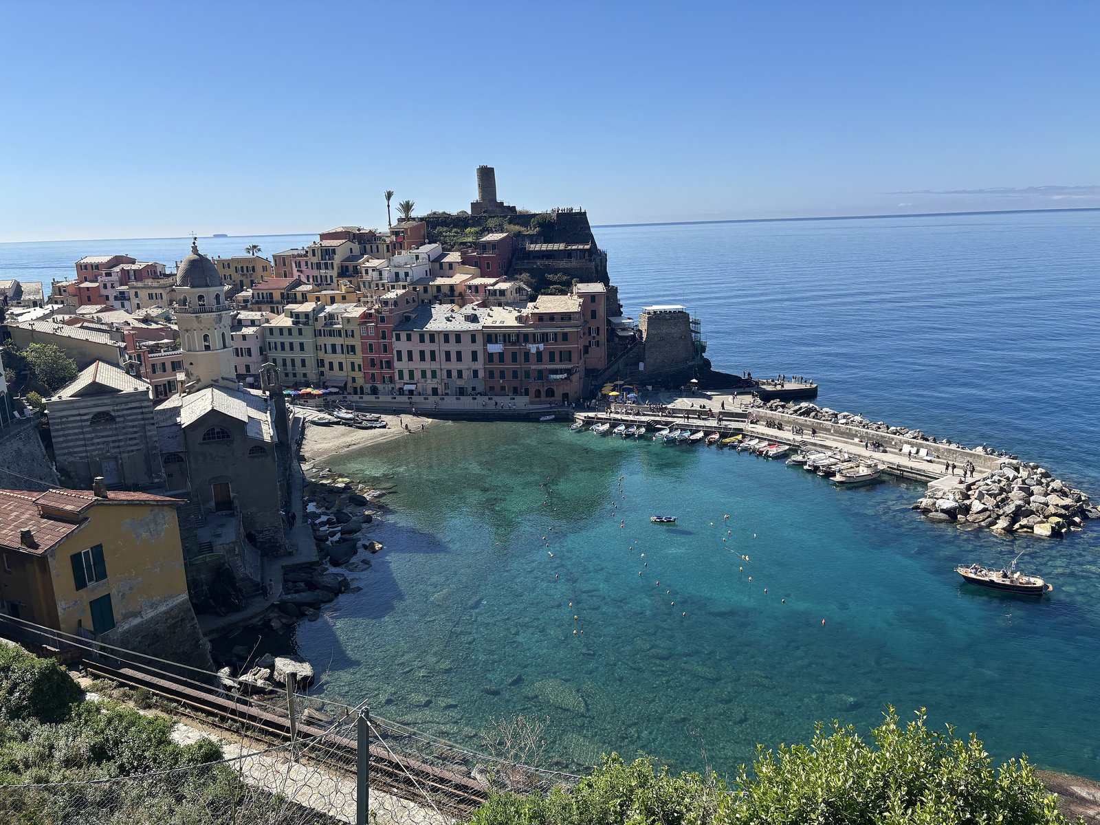 Vernazza village and harbour on a rocky promontory above the sea in Cinque Terre, Liguria
