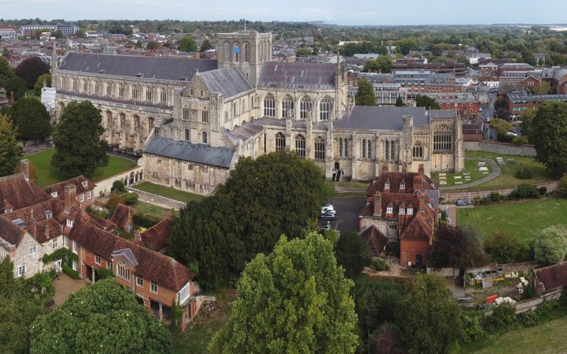 Aerial view of Winchester Cathedral and the city