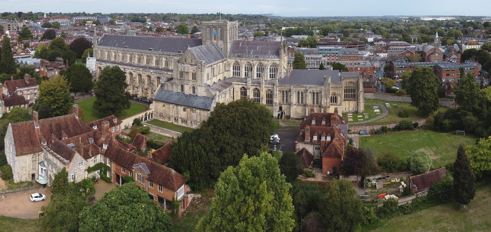 Aerial view of Winchester Cathedral and the city
