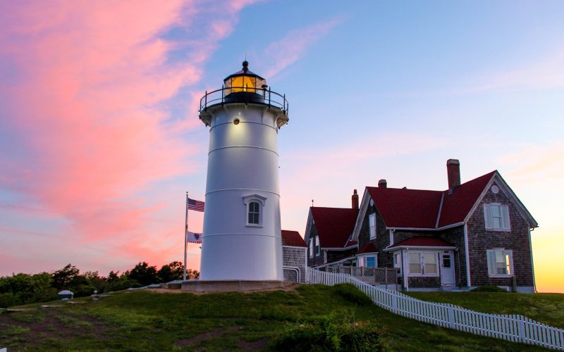 Nobska Lighthouse at sunset on Cape Cod