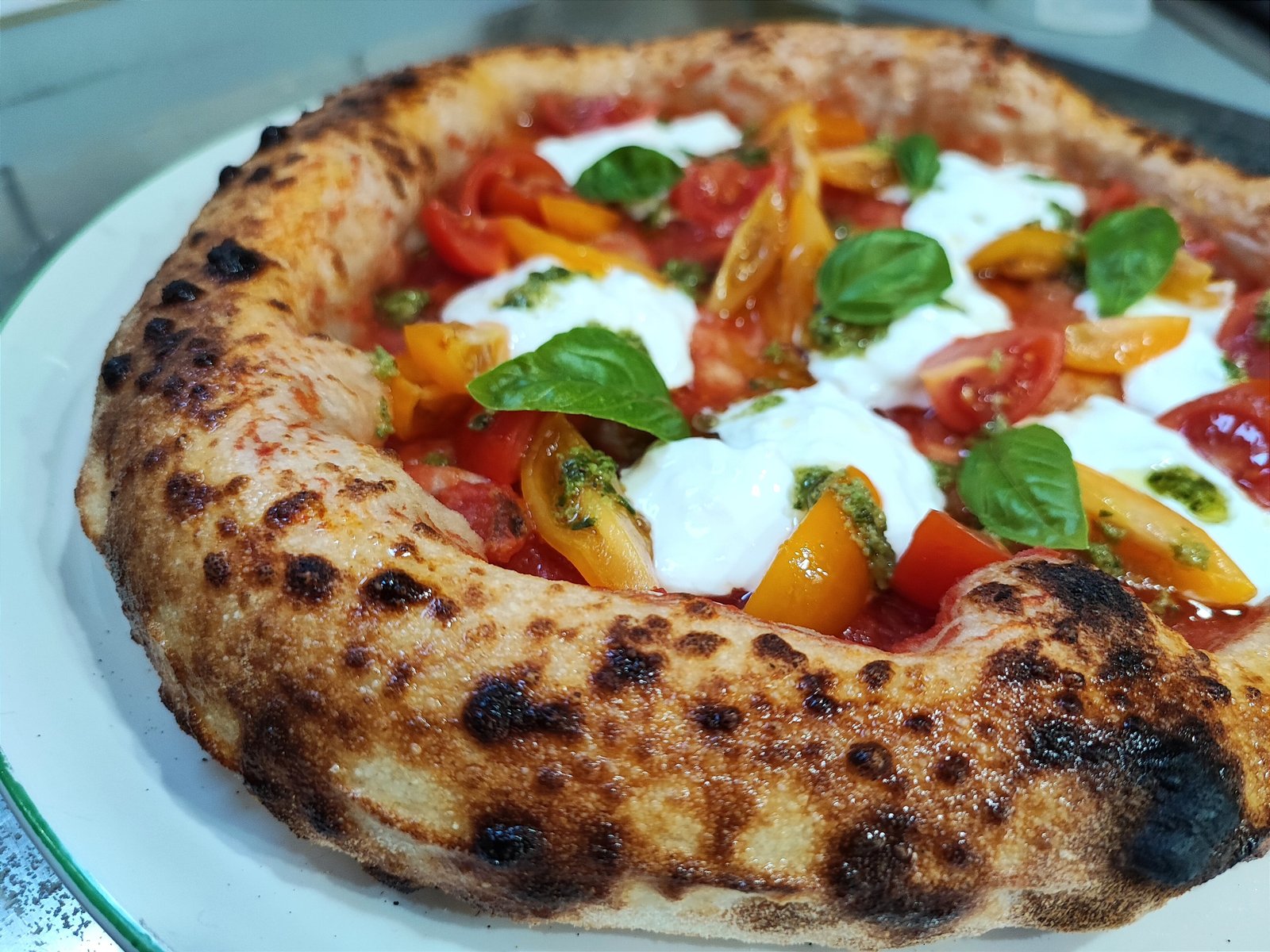 Neapolitan pizza with charred crust, tomatoes and buffalo mozzarella