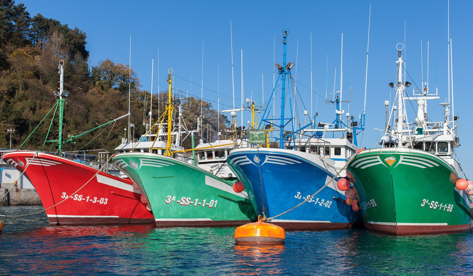 Colourful fishing boats moored in the harbour of Hondarribia in the Basque Country