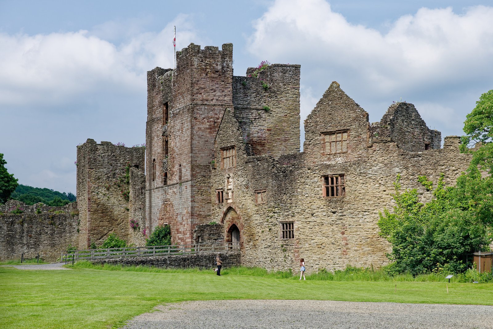 Ruined keep and walls of Ludlow Castle on a green lawn under a bright sky