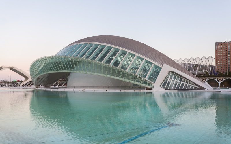L'Hemisfèric reflected in the water at the City of Arts and Sciences in Valencia