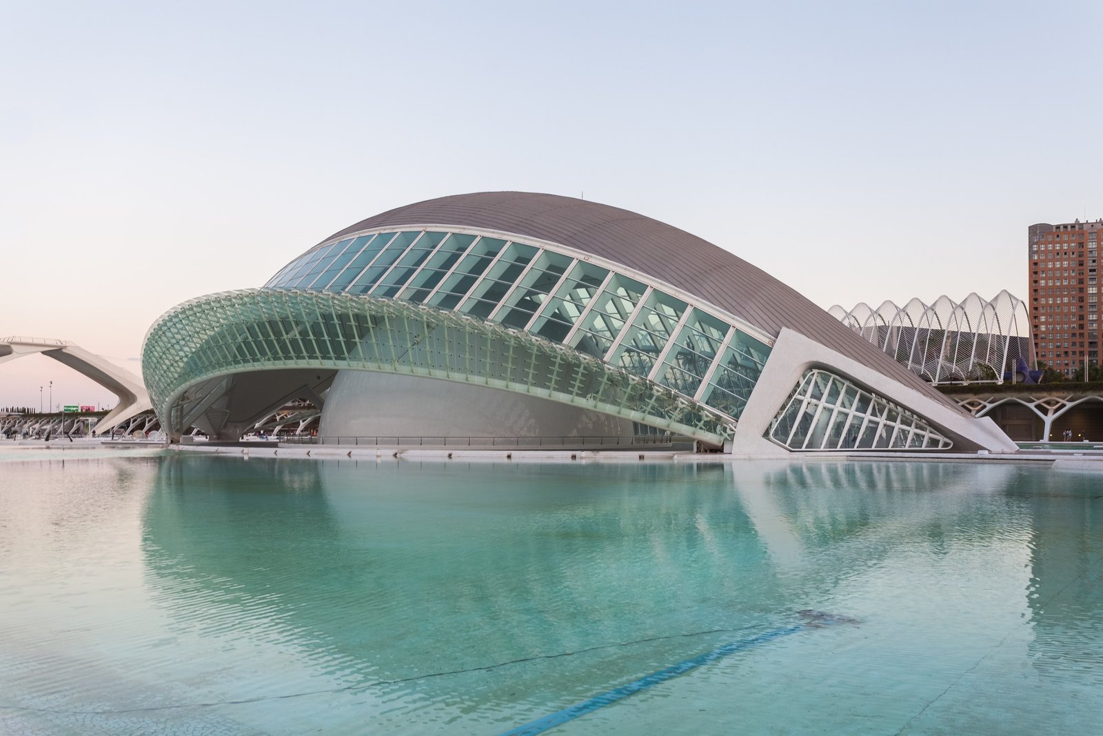 L'Hemisfèric reflected in the water at the City of Arts and Sciences in Valencia