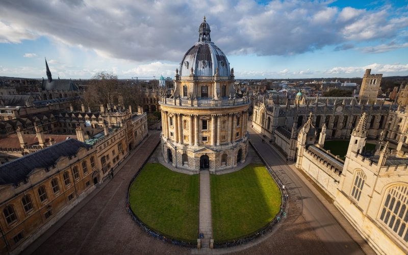 The Radcliffe Camera dome among the Oxford college rooftops seen from above