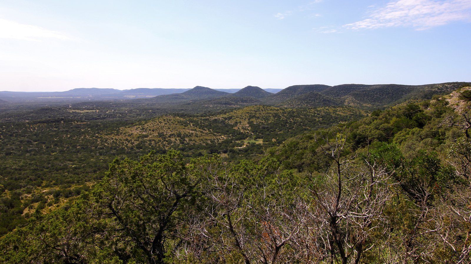 Wooded hills seen from an overlook in the Texas Hill Country