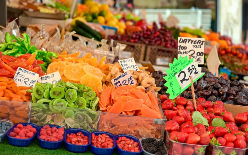 Fruit and dried fruit stalls at the Rialto market in Venice