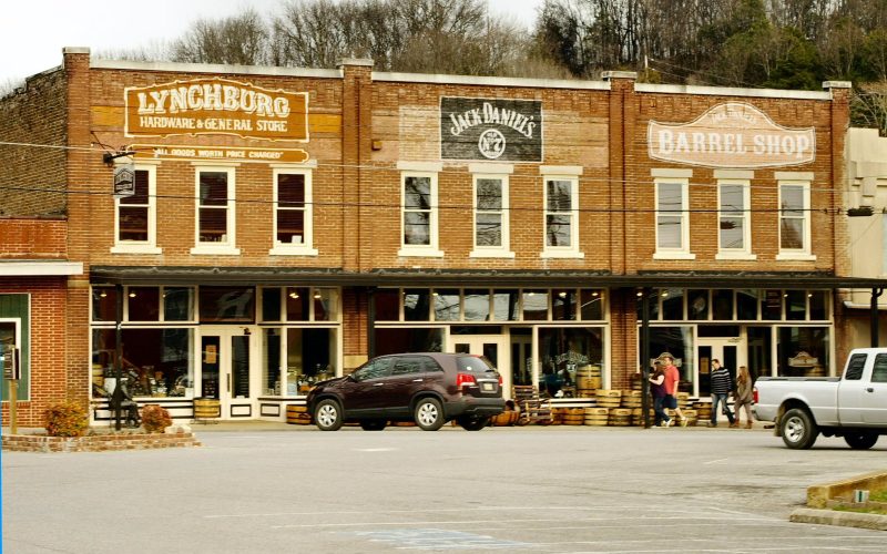 Old brick storefronts on the town square of Lynchburg, Tennessee