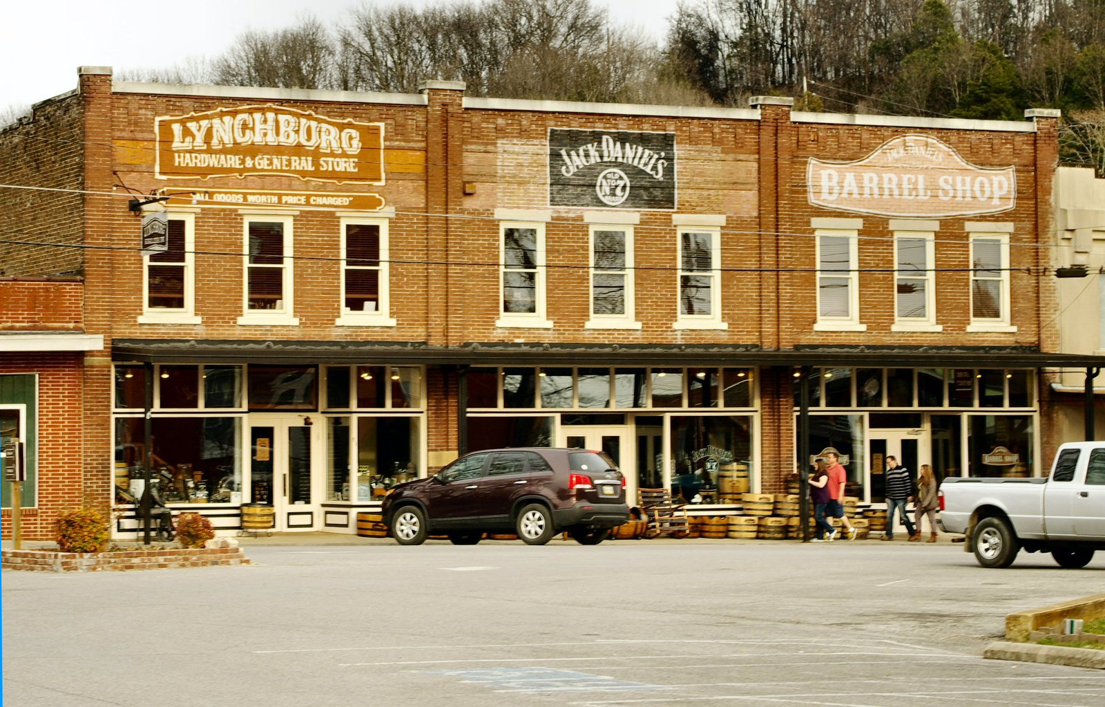 Old brick storefronts on the town square of Lynchburg, Tennessee