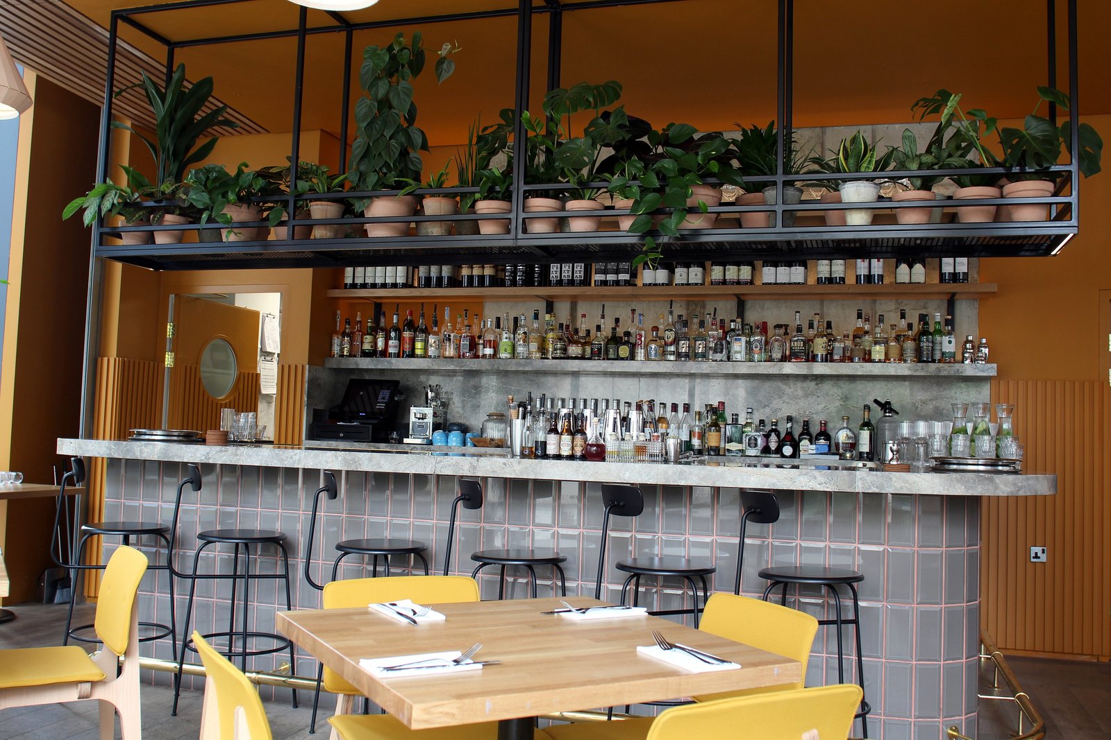 Bright cocktail bar with shelves of bottles and plants in London