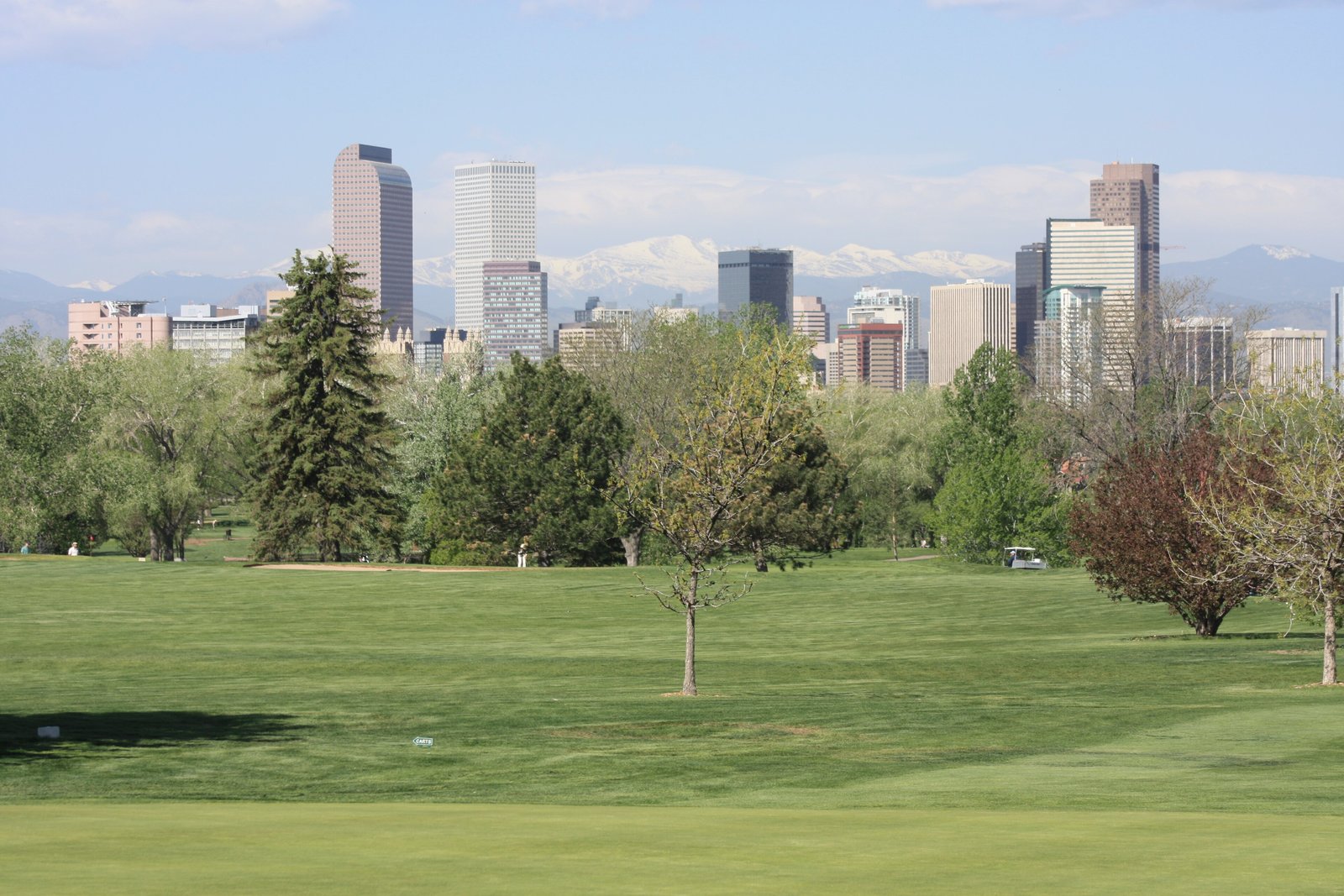 Denver skyline with Rocky Mountains behind City Park