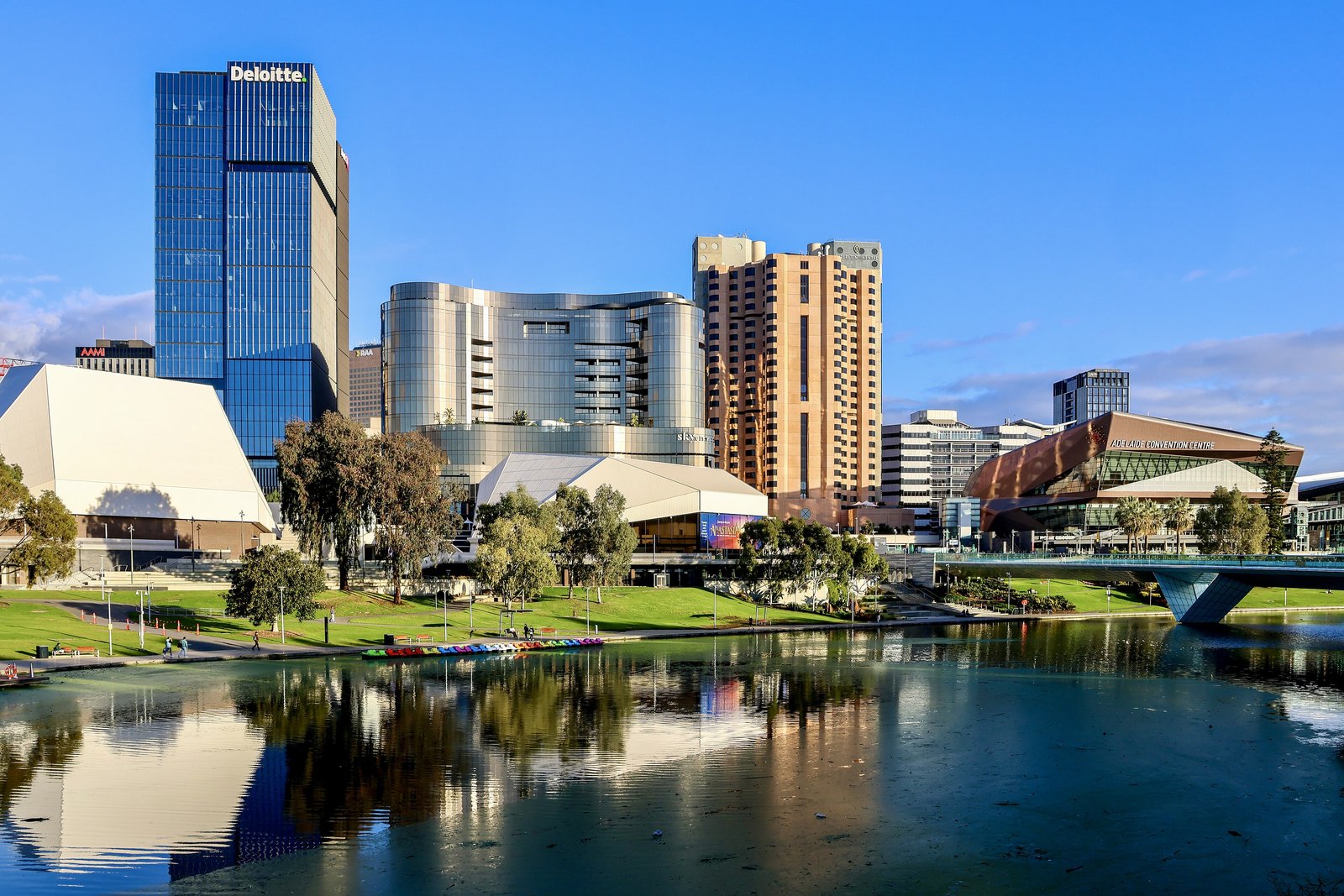 Adelaide city skyline reflected in the River Torrens on a sunny day