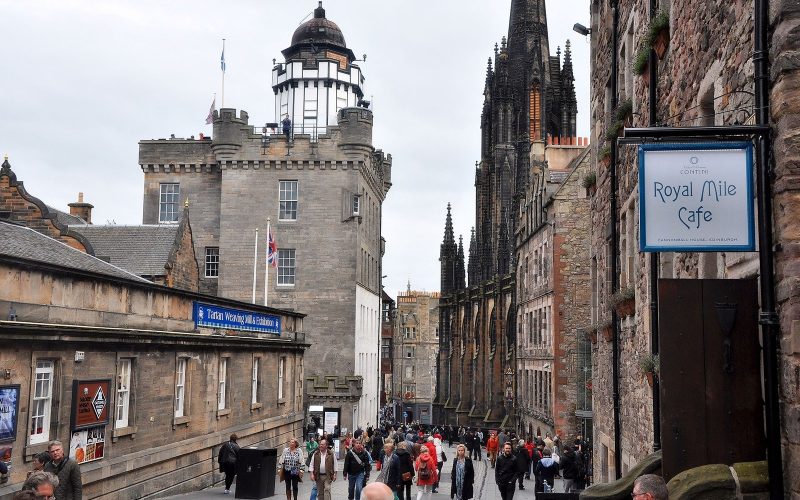 Castlehill on the Royal Mile in Edinburgh with the Hub spire and Camera Obscura tower