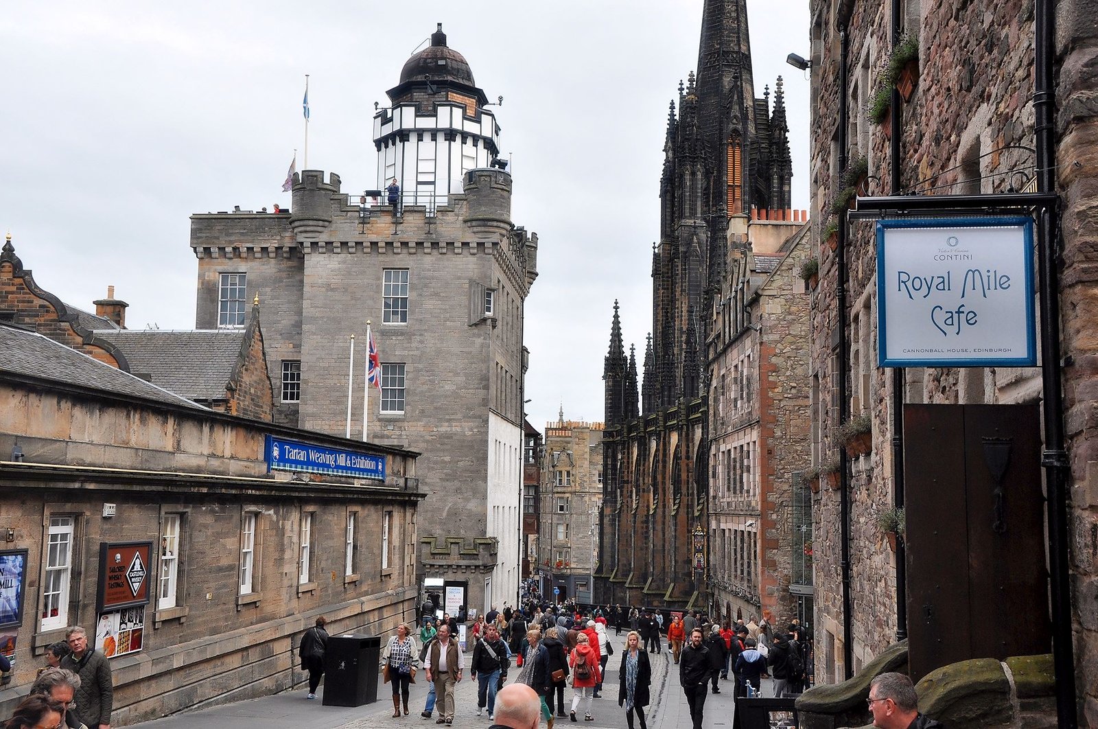 Castlehill on the Royal Mile in Edinburgh with the Hub spire and Camera Obscura tower