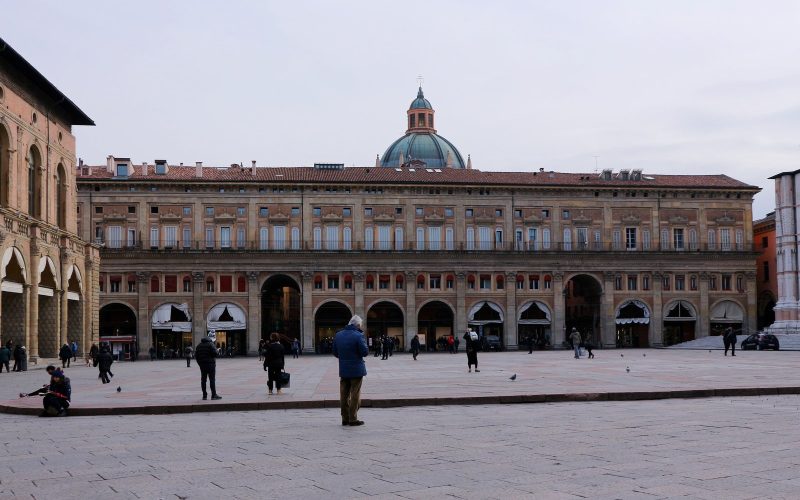 Piazza Maggiore with its arcaded palazzo in Bologna
