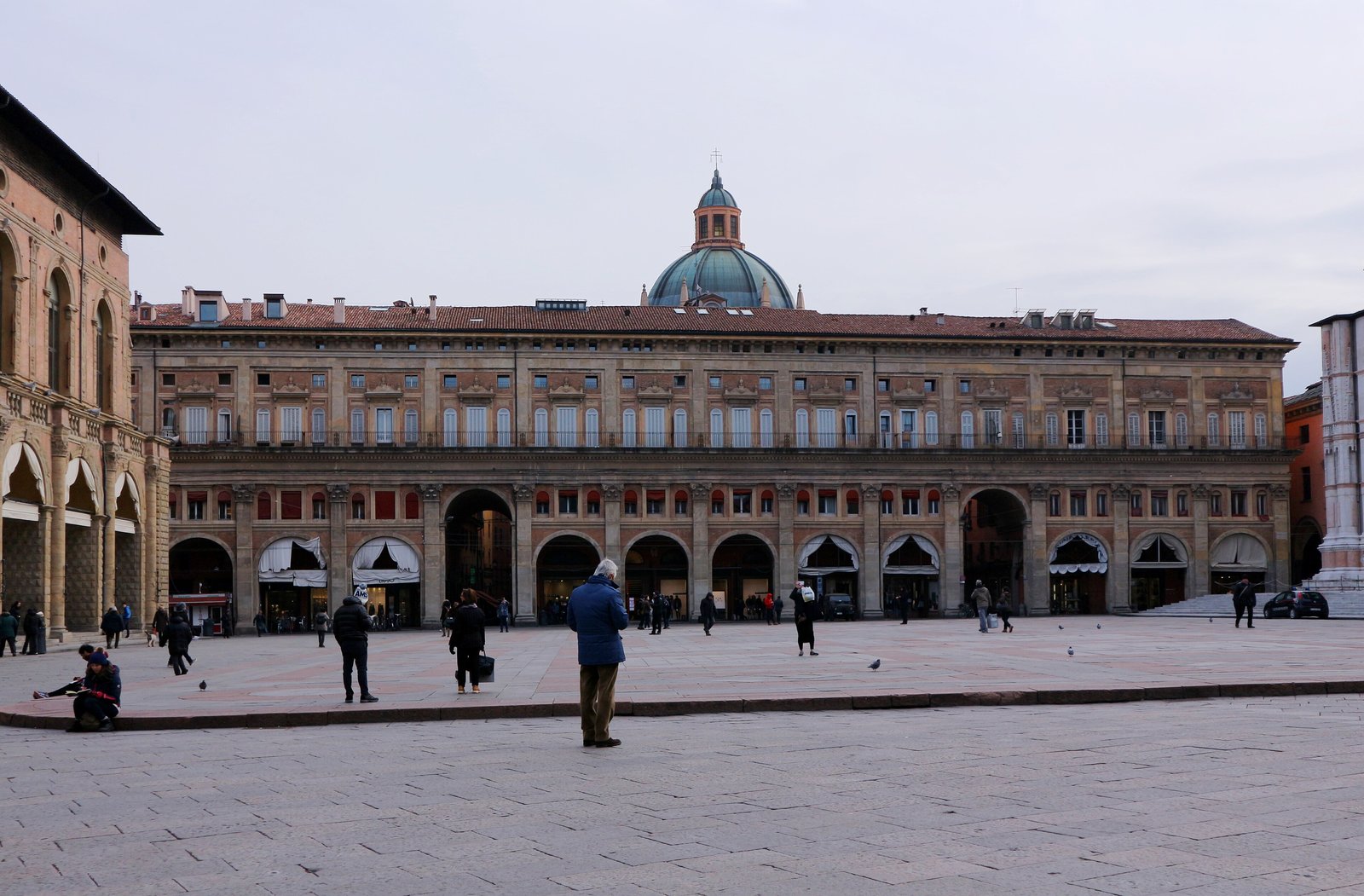 Piazza Maggiore with its arcaded palazzo in Bologna