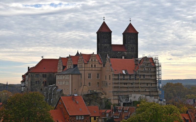 Quedlinburg castle hill with its twin church towers above half-timbered houses in Saxony-Anhalt