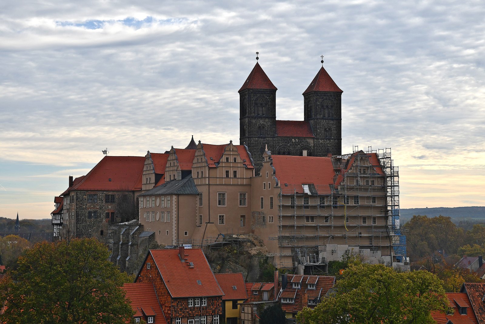 Quedlinburg castle hill with its twin church towers above half-timbered houses in Saxony-Anhalt