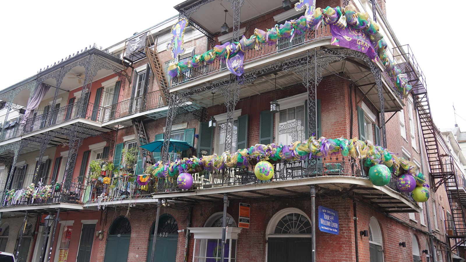 Wrought-iron galleries decorated with Mardi Gras beads in the French Quarter of New Orleans