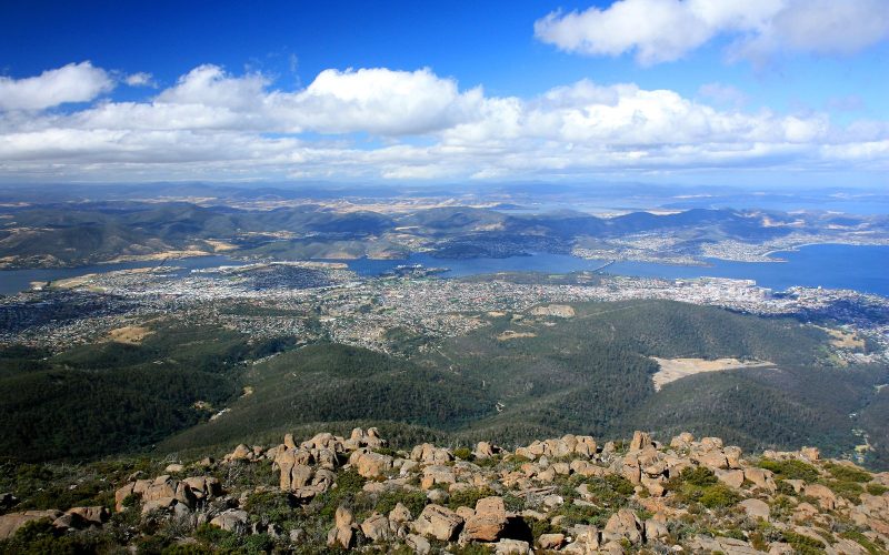 View over Hobart and the Derwent estuary from Mount Wellington