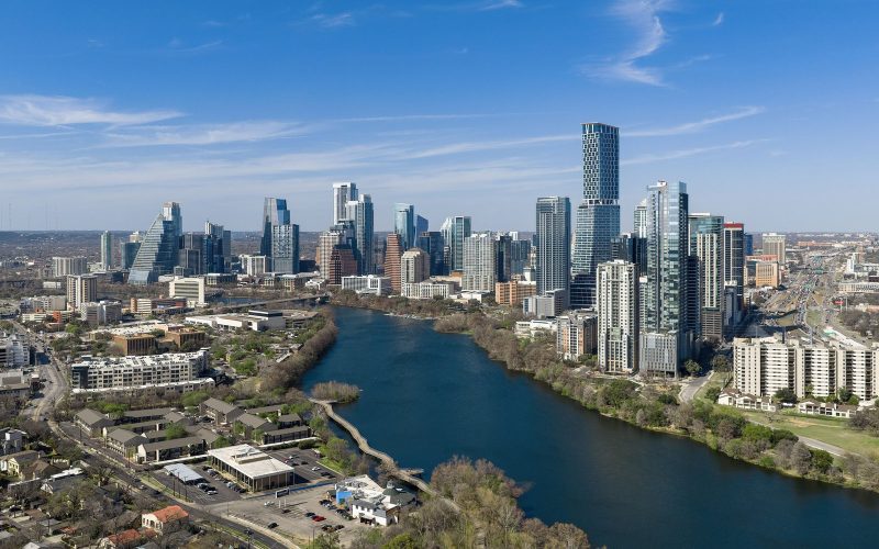 Austin skyline above the Colorado River on a clear day