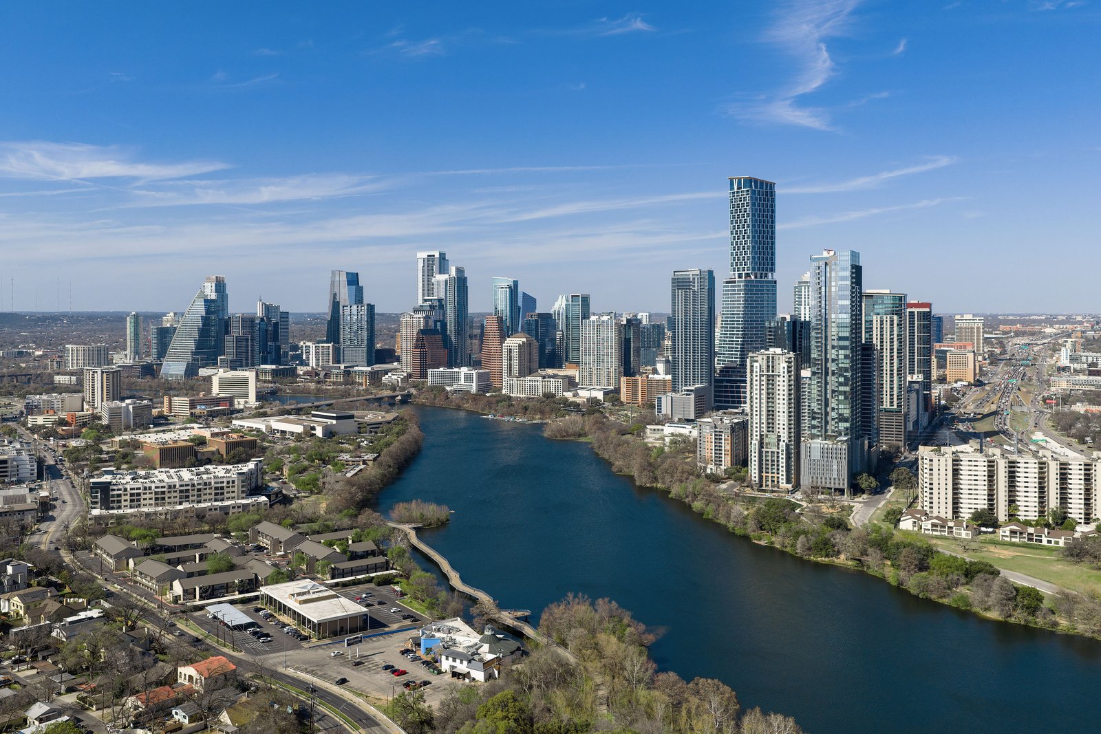 Austin skyline above the Colorado River on a clear day
