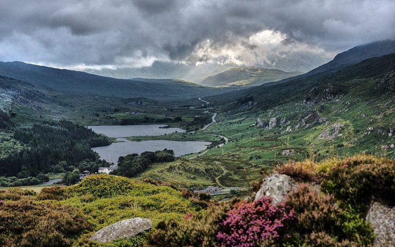 Snowdonia valley with lakes and heather in Wales