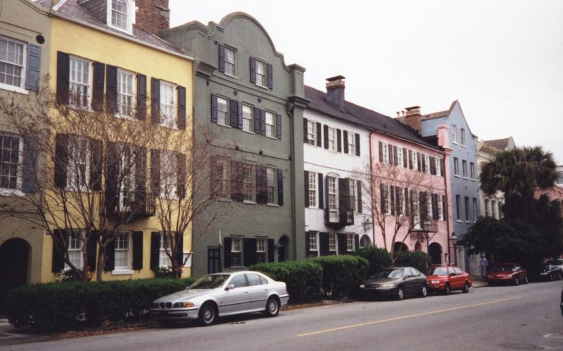 Pastel houses of Rainbow Row on East Bay Street, Charleston