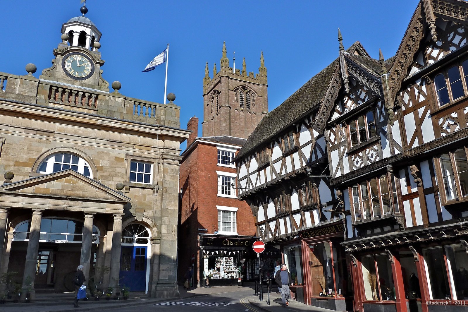 Half-timbered buildings, market hall and church tower in the centre of Ludlow