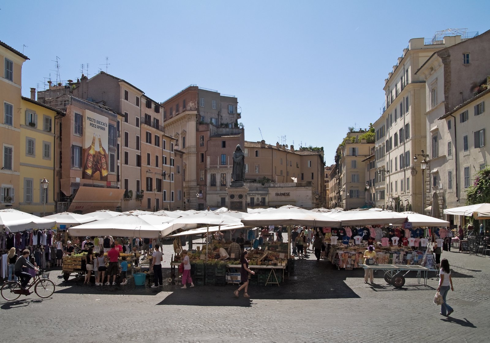 Market stalls under white umbrellas on Campo de' Fiori square in Rome