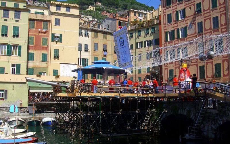 Festival stage on the harbour of Camogli below the pastel-coloured houses