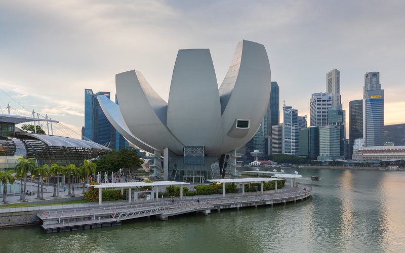 ArtScience Museum and the Marina Bay skyline of Singapore by day